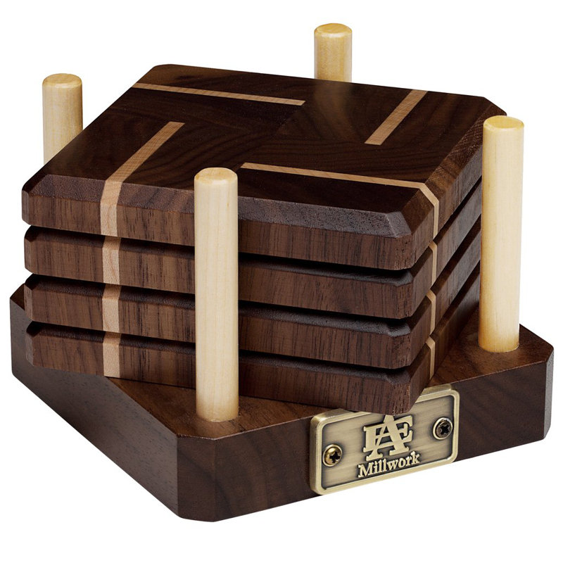 Wood Coaster Set With Holder, Dark Brown