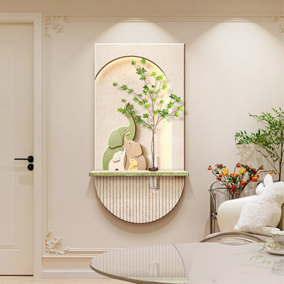 Art mural en grès neutre à éléphant et plante verte à DEL pour salon