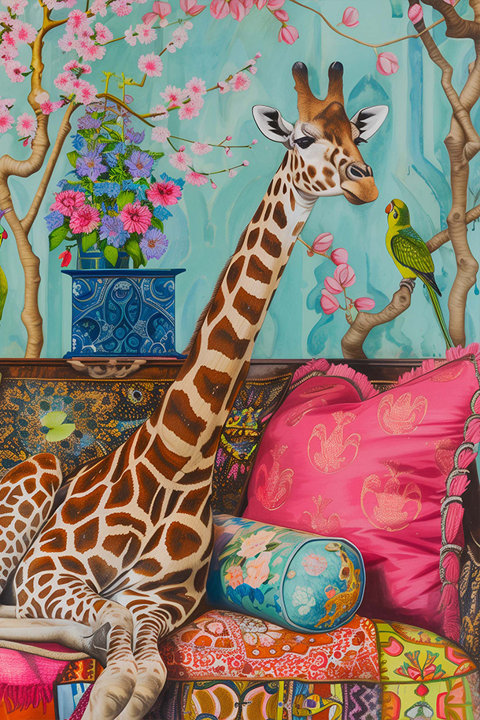 Whimsical painting of a giraffe lounging on a patterned sofa accented with a vibrant pink pillow, a floral bolster, and a small green parrot perched on a nearby branch against a turquoise background with blooming cherry blossoms.