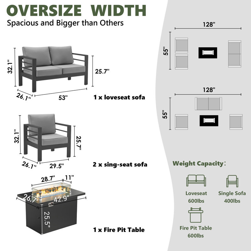 Ensemble de conversation canapé avec foyer pour 4 personnes, Gris, Gris foncé