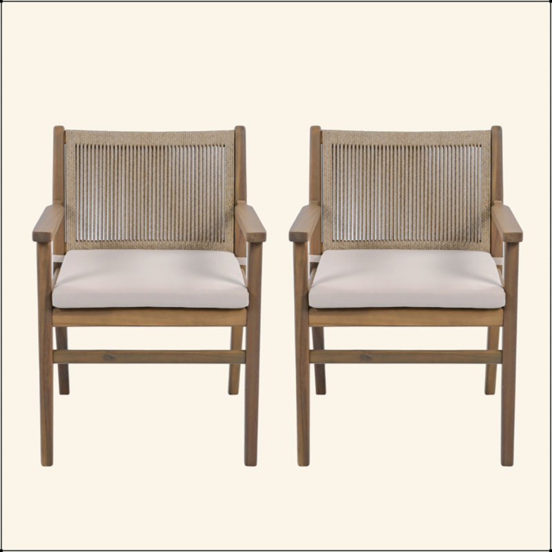 Ensemble de 2 chaises de salle à manger d'extérieur, fauteuil de patio en bois d'acacia avec dossier en corde et coussin hydrofuge, brun clair, capacité de poids de 400 lb