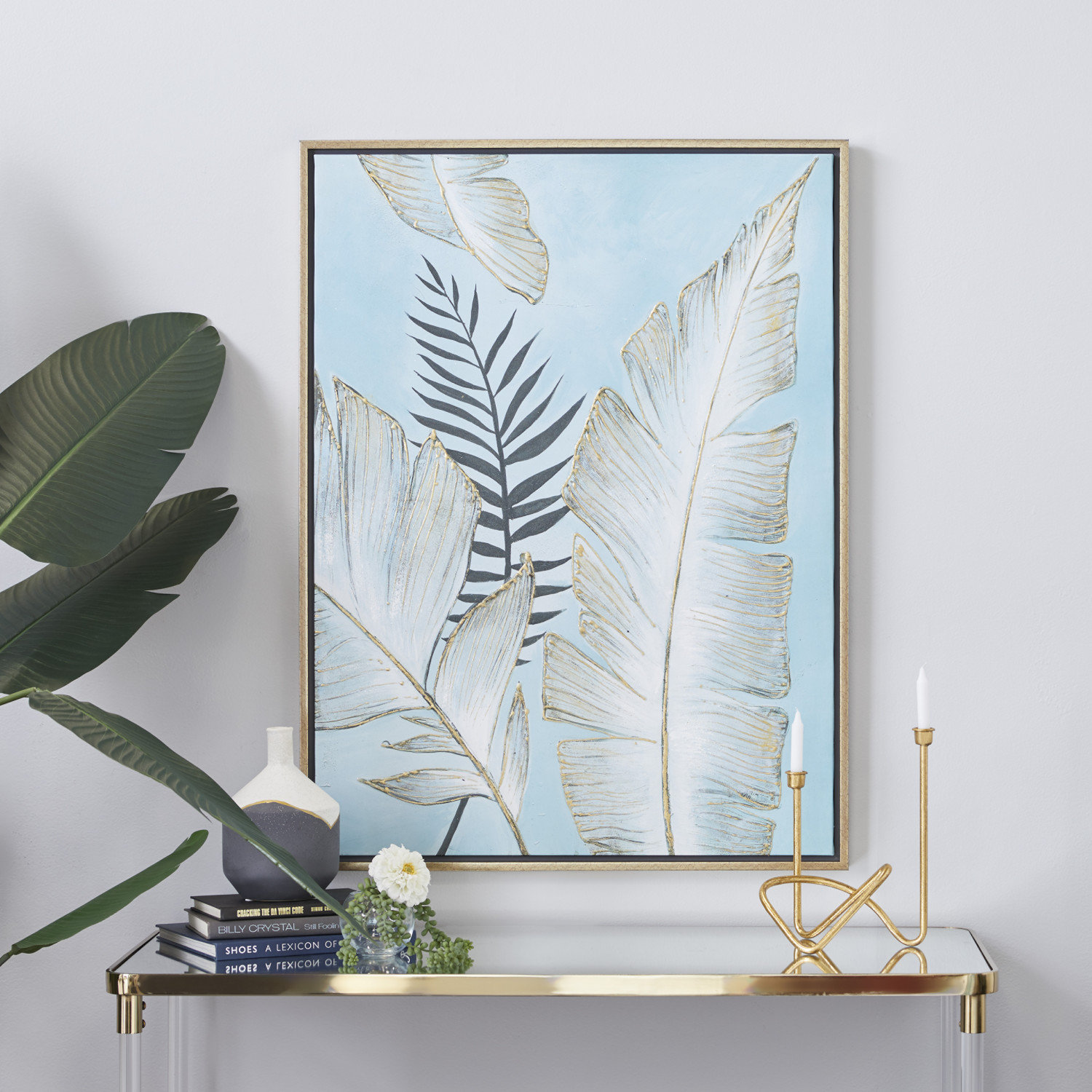 Bay Isle Home™ Canvas Tropical Leaf Blue Framed Wall Art with Gold ...