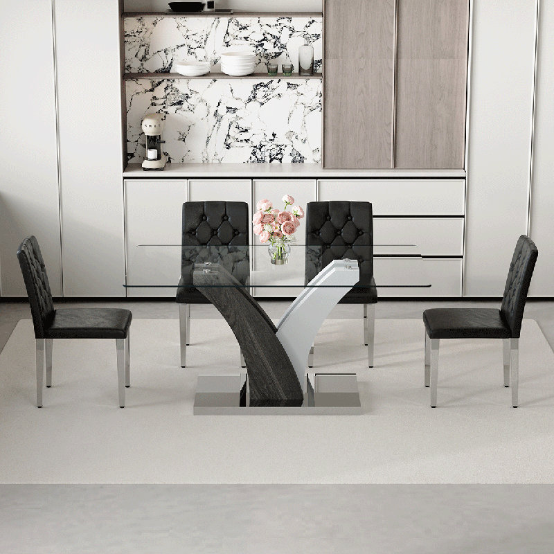 Ensemble de table de salle à manger de 63 po pour 4 personnes, comprenant un plateau en verre et des chaises en cuir. Cet ensemble de salle à manger en verre de 5 pièces convient aux maisons, aux restaurants et aux espaces de bureau.