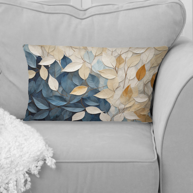 Beige And Blue Minimalism Leaves Collage - Leaves Printed Throw Pillow