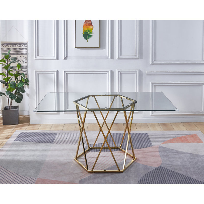 Glass Top Metal Base Dining Table, Gold