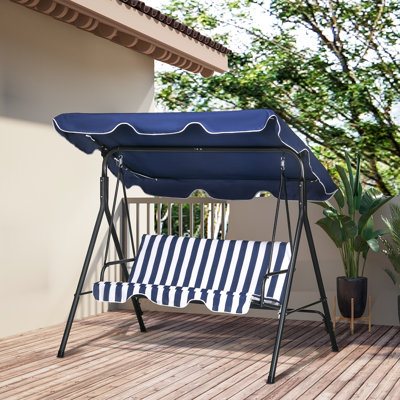Dark Blue 3 Outdoor Swing Chair. Removable Cushion. Steel Frame. Adjustable Canopy For Patio, Garden. Comfortable Seating Space. 440 Lbs Capacity. 69.