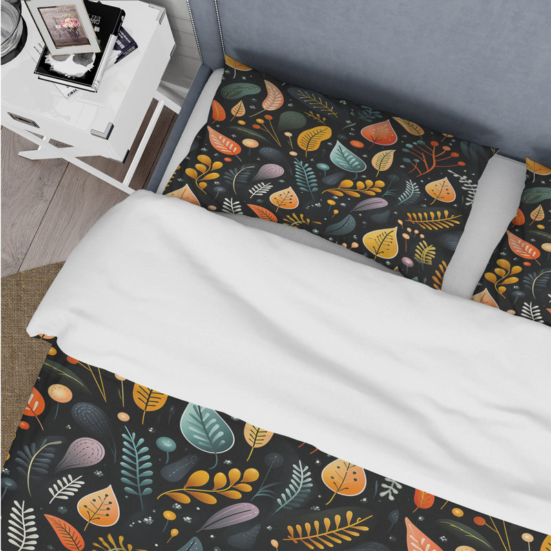 Ensemble de housse de couette Botanical Multicolor Leaves On Black Pattern - Botanical