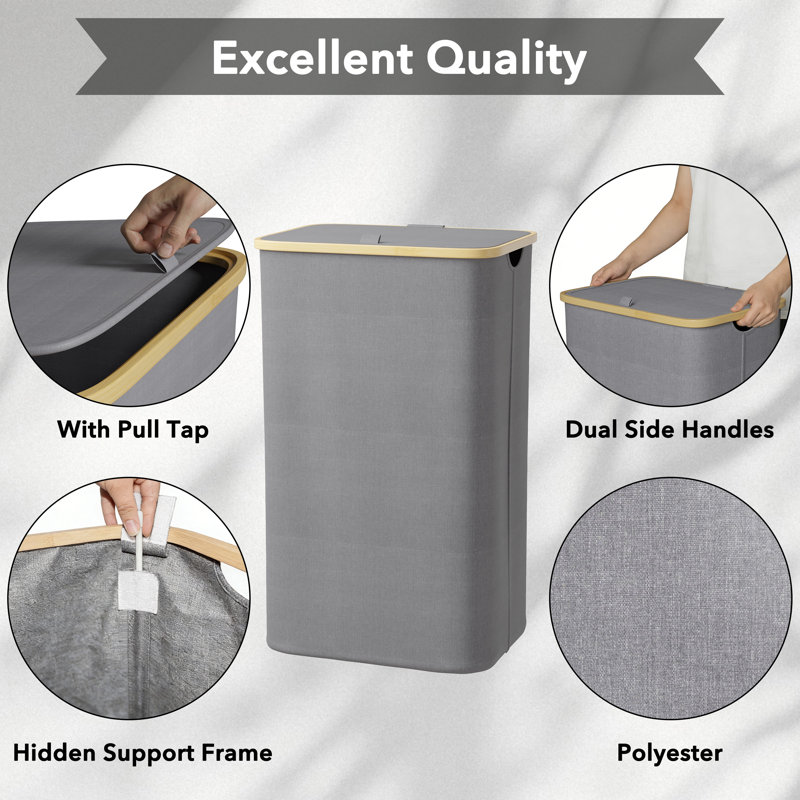 Laundry Hamper with Lid, 110L Large Collapsible Clothes Basket with Bamboo Handles for Bedroom, Bathroom, Dorm and Laundry Room
