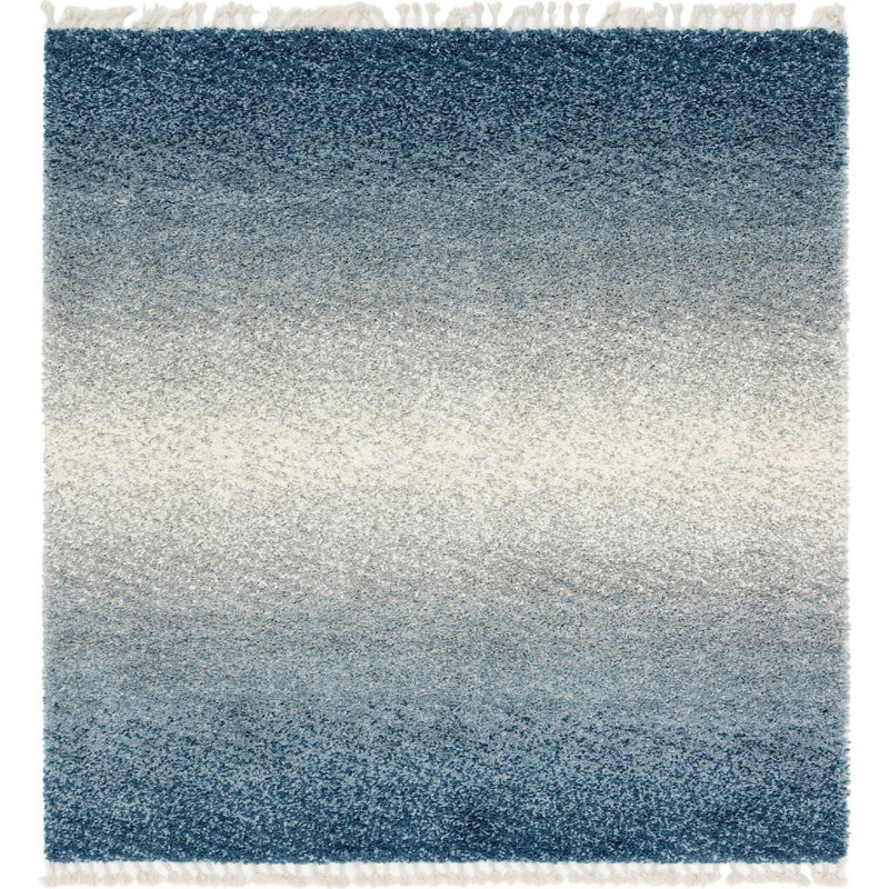 Tapis bleu à rayures Mitzy, Carré 8 pi