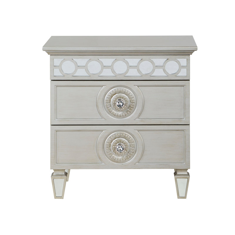 Table de chevet 2 tiroirs Denetia en argent et miroir
