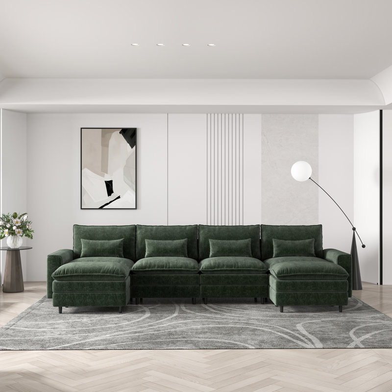 Canapé en chenille 4 places avec 2 repose-pieds et coussins lombaires en chenille - Flexibles, confort familial, Vert