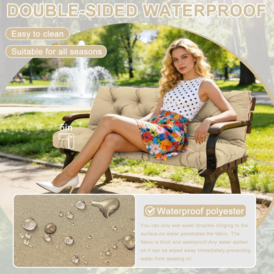 Porch Swing Cushions 48 Inch Waterproof & Fade Resistant Thicken 5" Outdoor Swing Cushions 2 Seater Replacement With Backrest & Ties Patio Swing Cushions For Outdoor Furniture (Khaki)