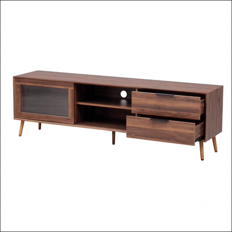Meuble télé en bois avec porte coulissante en verre trempé, console multimédia moderne avec tiroirs et rangement ouvert