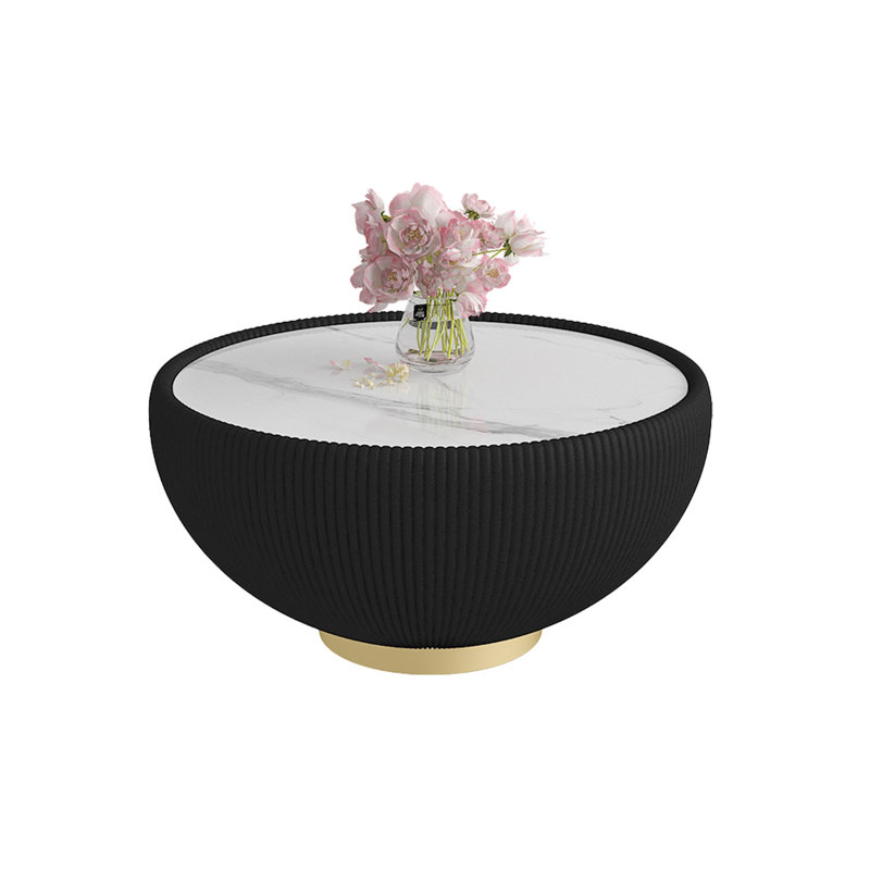 Modern Round Sintered Stone Pattern Tabletop Leather Edge Sofa End Table With Metal Base,Luxurious Side Table For Home Decor Living Room (Each Table Top Has A Unique Grey Pattern)