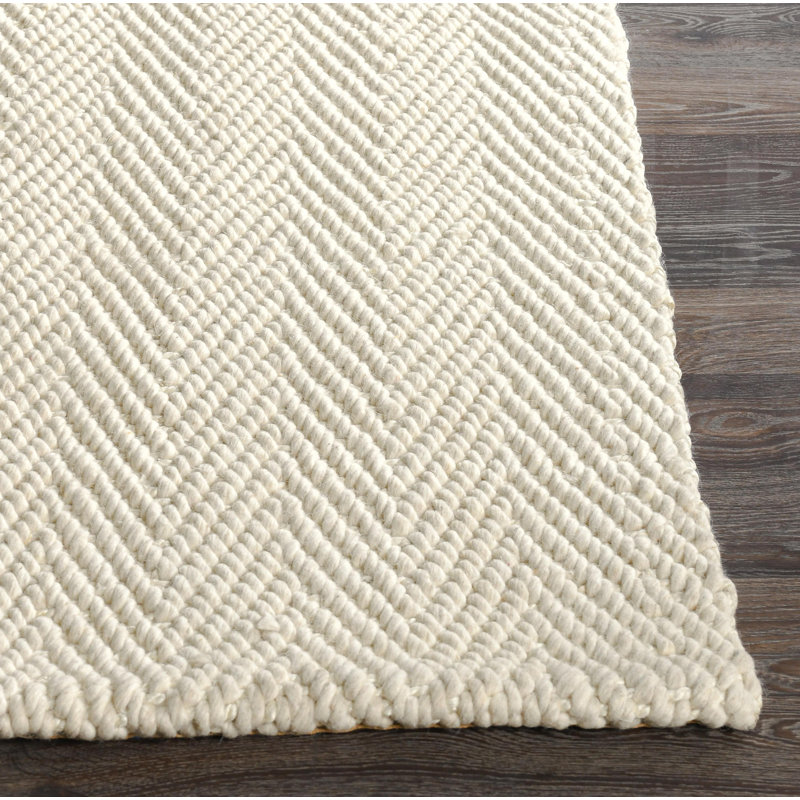 Herringbone 2x3 Hand Woven Wool Blend Fabric Ivory Rug, Rectangle 8' x 10'
