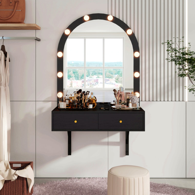 Floating Makeup Vanity Desk With Mirror & 3-Color Lights, Wall Dressing Table With Power Outlet, Compact Vanity, Large Storage
