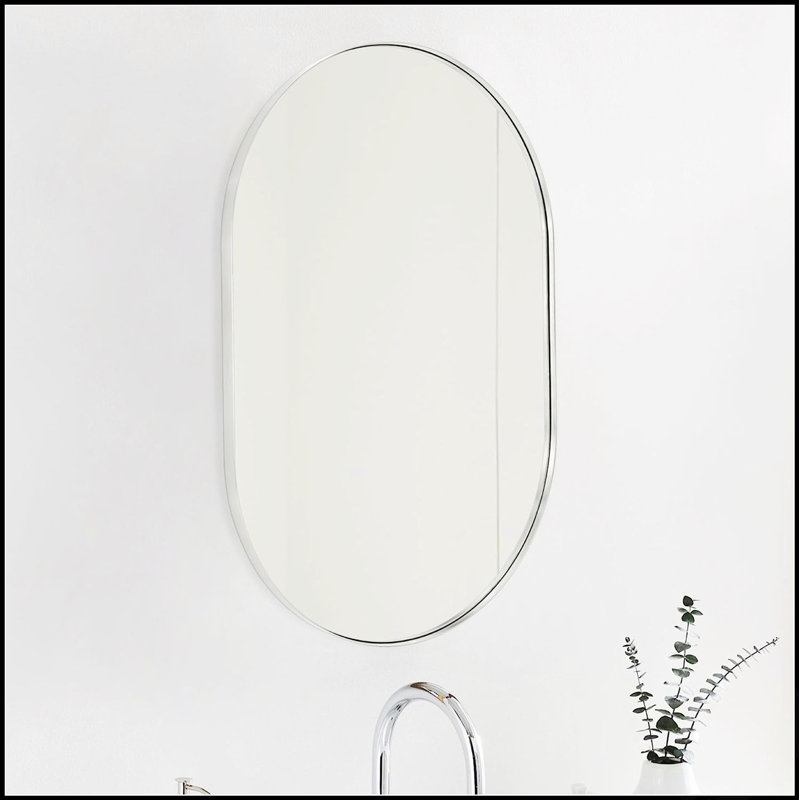 Miroir ovale 20 po x 33 po en métal avec verre HD et sécurité incassable, pour les intérieurs modernes, Argent, 20 po x 33 po