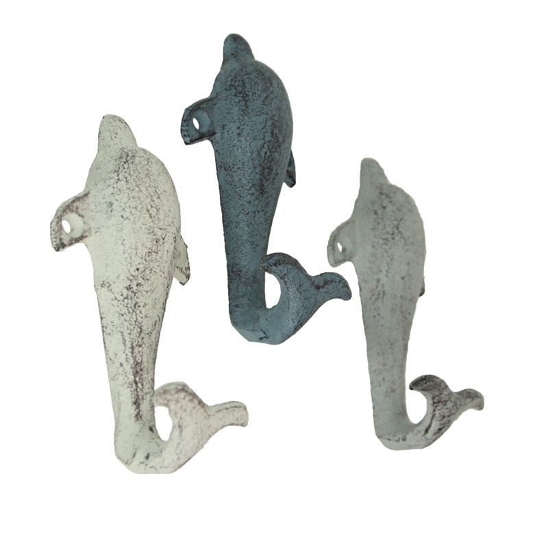 Ensemble de 3 crochets pour dauphins en fonte de couleur bleu clair, gris et blanc pour vestibule Coastal - 2,5 po x P 1 po x H 5,25 po chacun