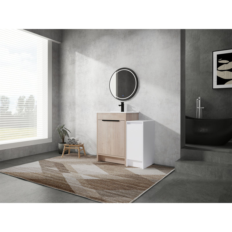 Meuble-lavabo autoportant avec lavabo en céramique et armoires de rangement, Blanc, Blanc brillant / chêne clair clair, 36"