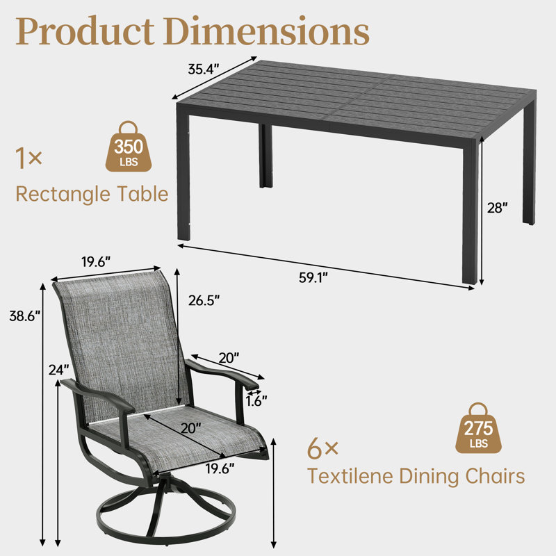 6 - Person Outdoor Patio Dining Set, Breathable PVC-coated polyester Swivel Patio Chairs And Rectangular Dining Table, All Weather Dining Set For Lawn, Garden, Backyard