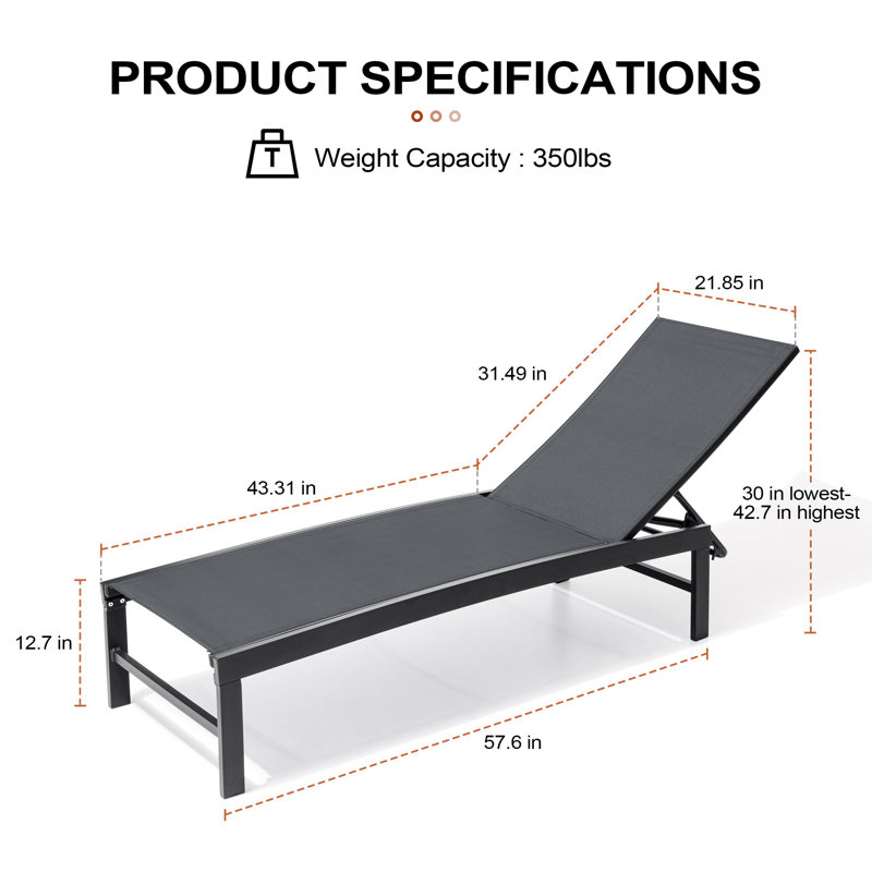 Chaise longue de patio inclinable en métal, Gris foncé