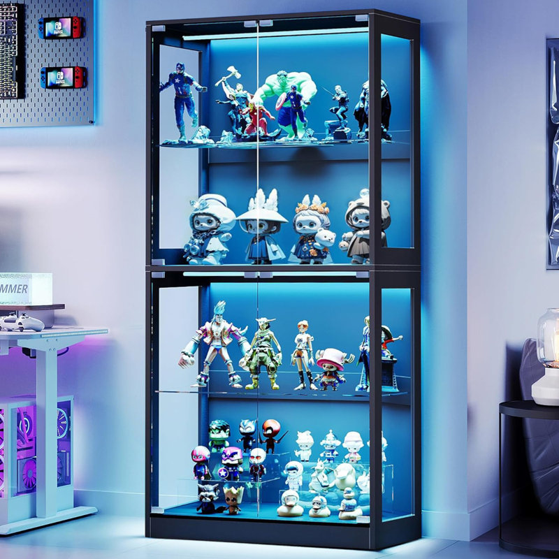 Vitrine RVB avec tablettes réglables en verre, étui de rangement à 4 niveaux avec lumières à DEL et portes à pression, tablette moderne pour objets de collection, noir 