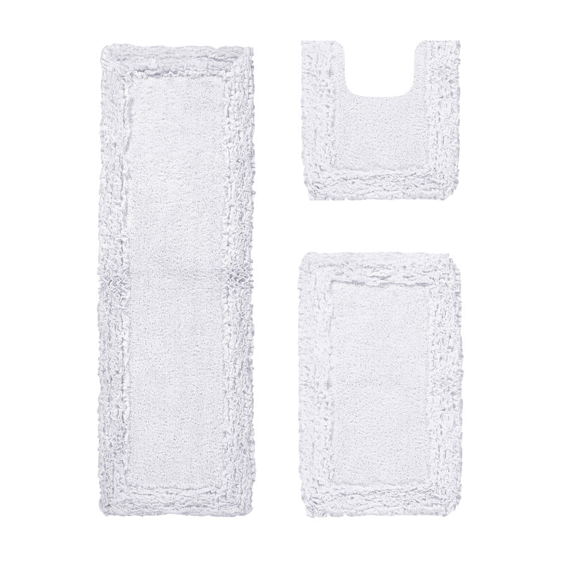 Courson Premium 100% Cotton 1775 GSM 3-Piece Bath Rug Set, OEKO-TEX® Certified, Non-Slip Spray Latex Backing, Plush Tufted Ruffle Pattern, Super Absorbent, Machine Washable Bathroom Rugs, White