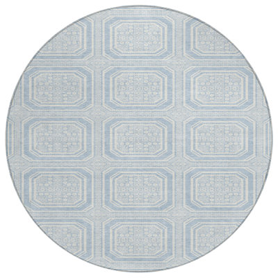 Tapis extérieur rond lavable géométrique 8 pi bleu ciel et ivoire