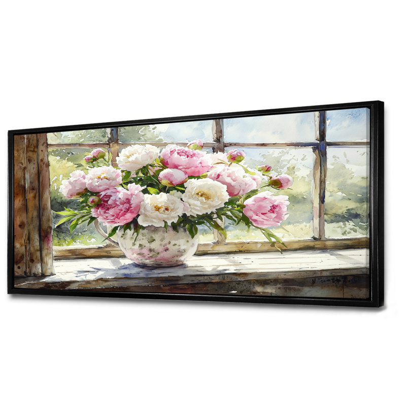 Art mural rustique avec pivoines II - pivoines, H 28 po x l 60 po, Cadre flottant noir