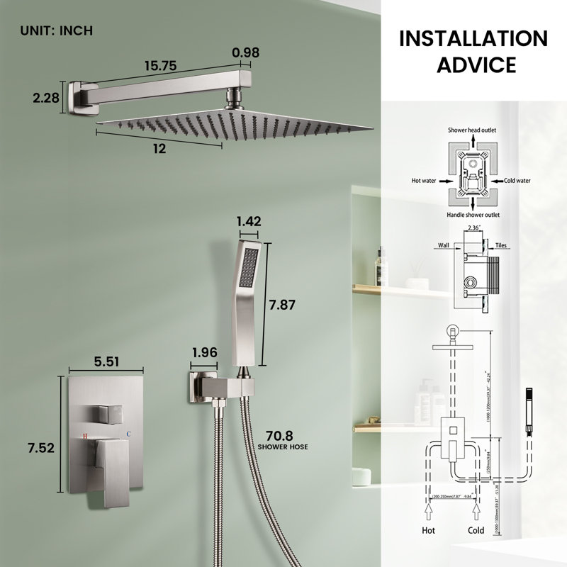 Complete Shower System With Rough-In Valve with 12 Inches Rain Shower Head, Brushed Nickel