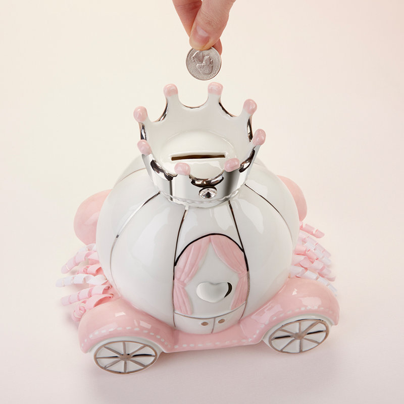 White and Pink Ceramic Princess Carriage Piggy Bank