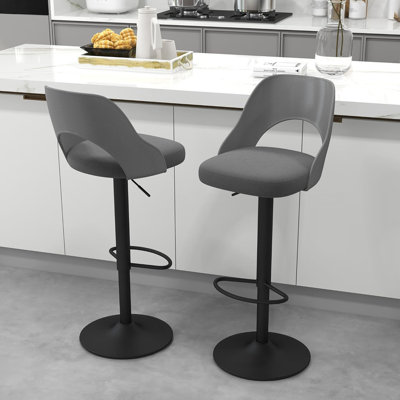 Bar Stools Set of 2, Adjustable Height (25"-33"), Modern Upholstered Swivel, Hollow Backrest, Metal Base, Grey