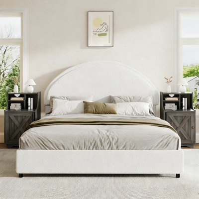 Boucle Upholstered Curved Headboard Bed with 2-Piece Farmhouse X Barn Door Nightstand Set – 3-Piece Bedroom Suite