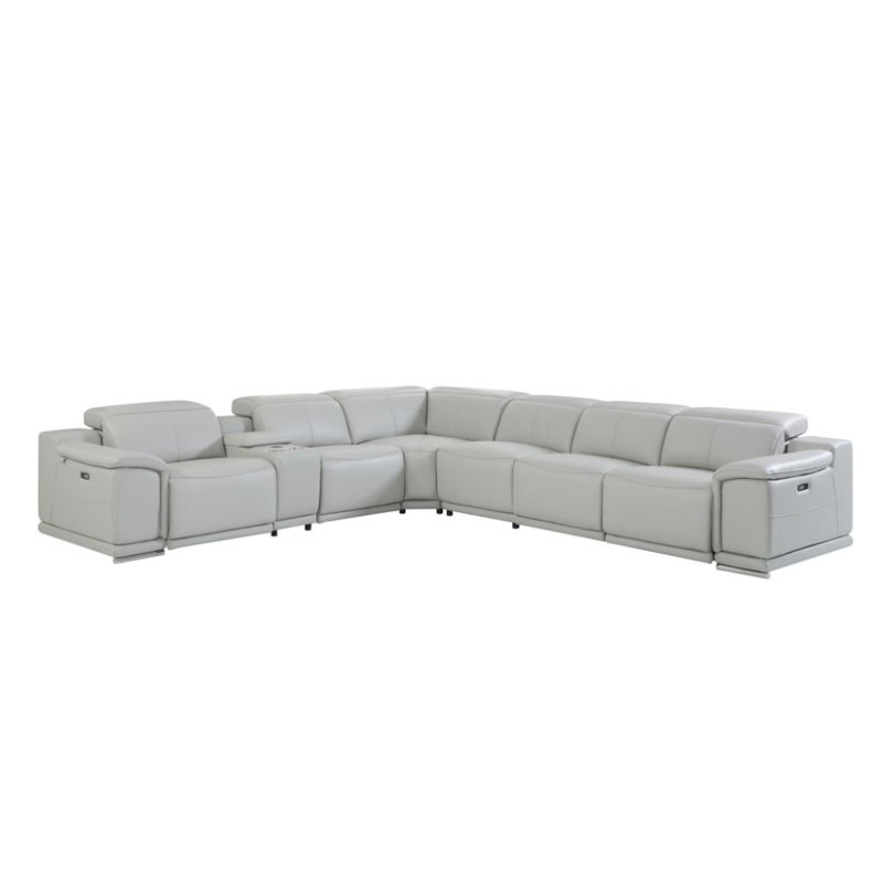 Italian Leather Power Reclining U Shaped Six Piece Corner Sectional With Console, Light Gray Top Grain Leather