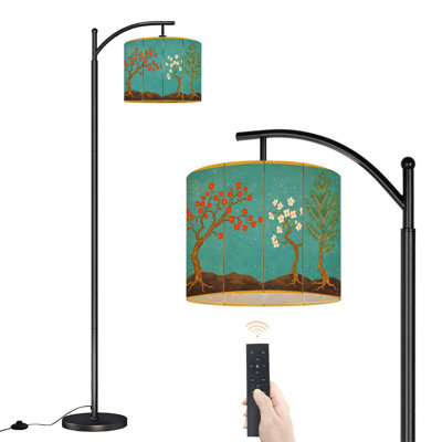 Arc Floor Lamp with Adjustable Lampshade Vintage Floral Flowering Branches Red Blossoms White Pine Trees Standing Lamp 3 Color Temperatures Dimmable Tall Pole Lamp with Foot Switch for Bedroom