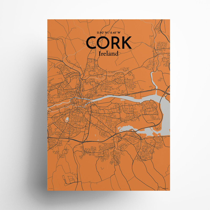 Cork City Map, impression, Orange et gris, H 27,6 po x l 19,7 po