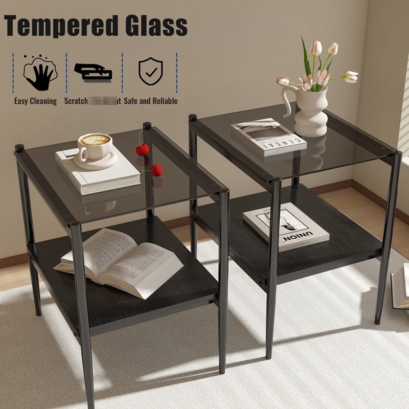 De 2 tables de bout grises pour surface de vie, plateau en verre trempé et L 19,1 po x l 15,37 po x H 20,65 po, table de charge 2 110 lb, et moderne 19,1 L 15,37 po H 20,65 po, capacité de charge de 110 lb
