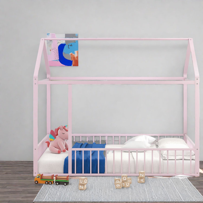 Structure de lit robuste en métal, rose, maisonnette moderne pour enfants