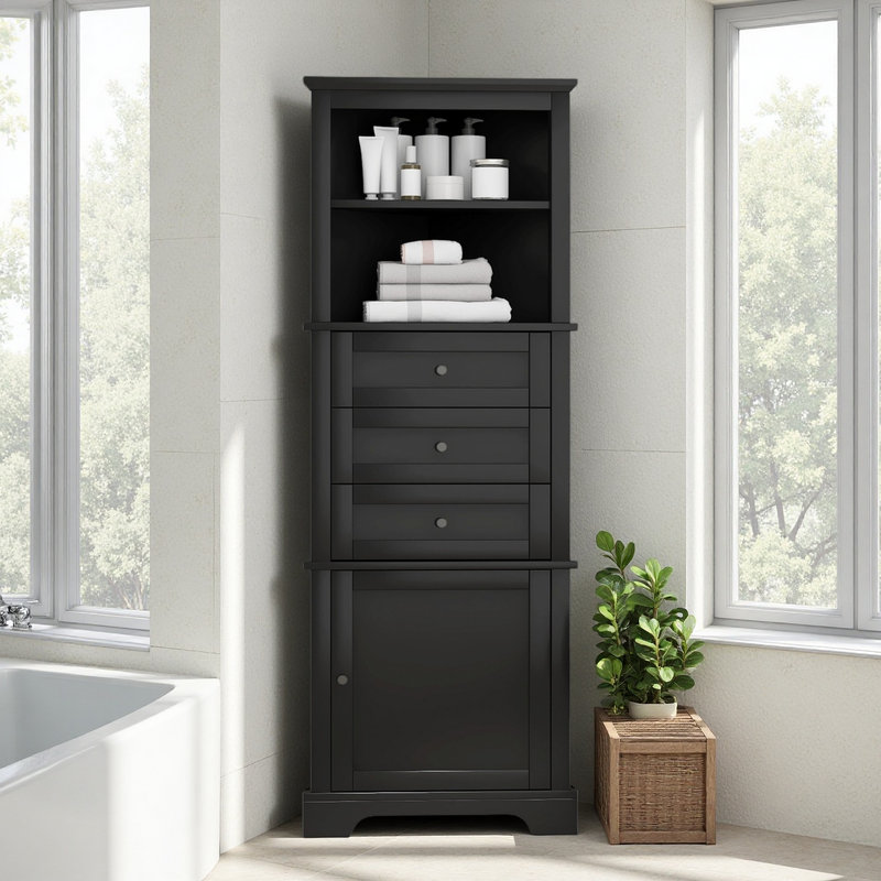 68.8" Corner Design Bathroom Storage Cabinet, Tipover Restraint Device Included, Black