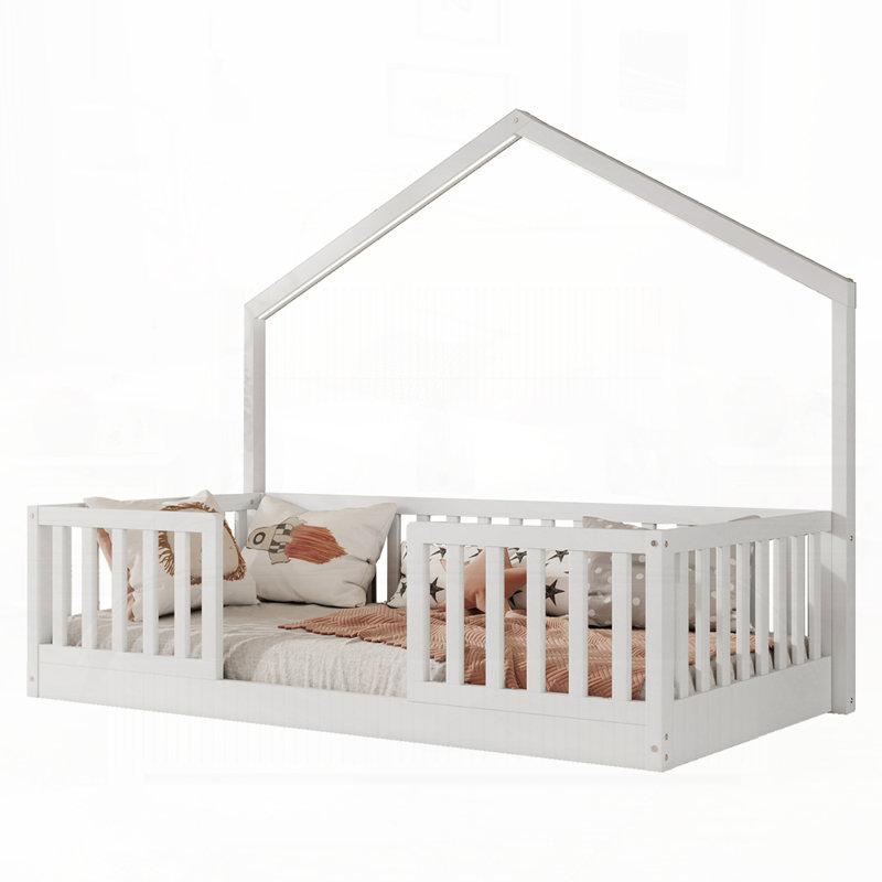Lit sur pied avec rails hauts, lit Montessori en bois avec lumière, Lit simple, Blanc