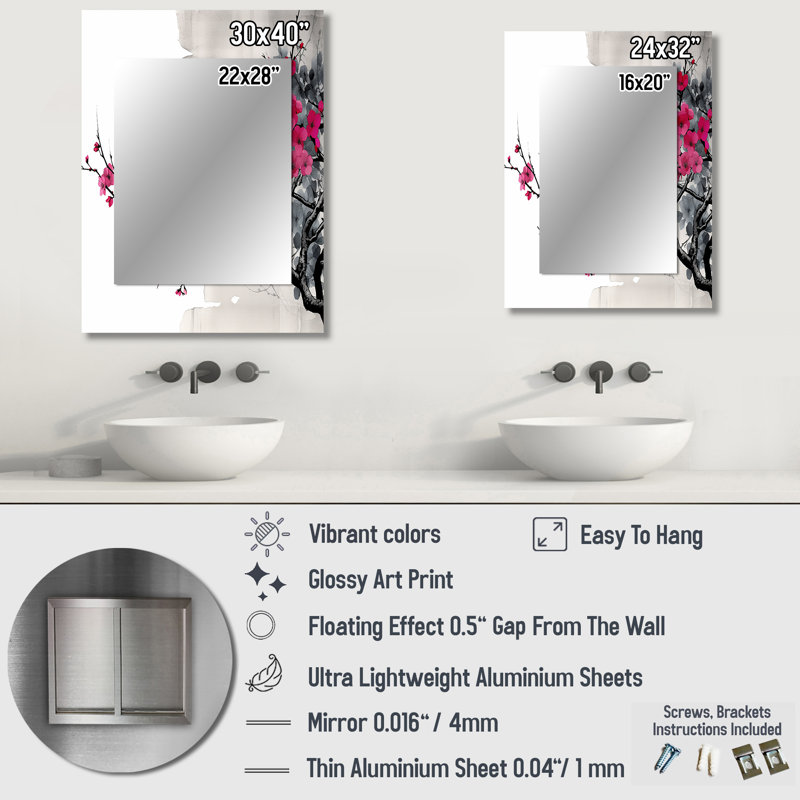 Art asiatique Sumi Blossom II - miroir asiatique unique, 32 po x 24 po