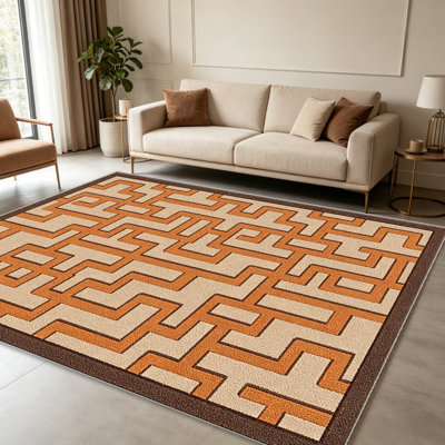Tapis en terre cuite beige Labyrinth pour le salon, doux et confortable, adapté à toutes les saisons, facile à entretenir, tapis de sol intérieur lavable à la machine, sous la table de ferme convenant à la chambre à coucher, à la salle à manger, 