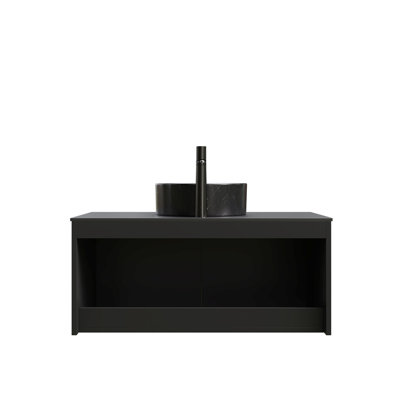 Meuble-lavabo de salle de bain 36 po RUBEN, armoire de rangement flottante murale en contreplaqué, portes doubles en sergé avec garniture en métal, vasque ronde en céramique noire avec motif en pierre et plateau en pierre frittée noire, noir