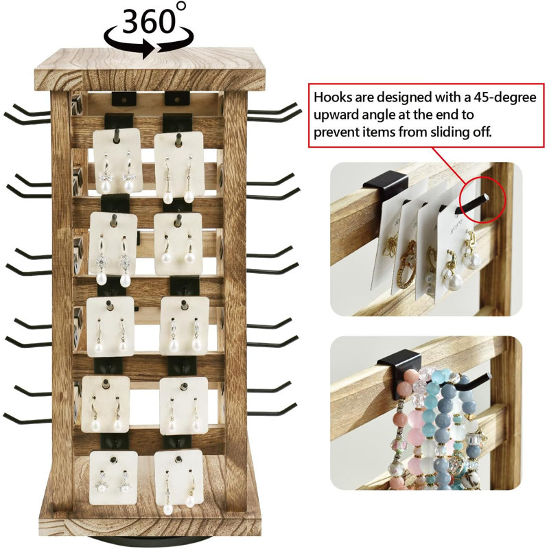 Natural Oak Rotating Jewelry Tower with Black Hooks