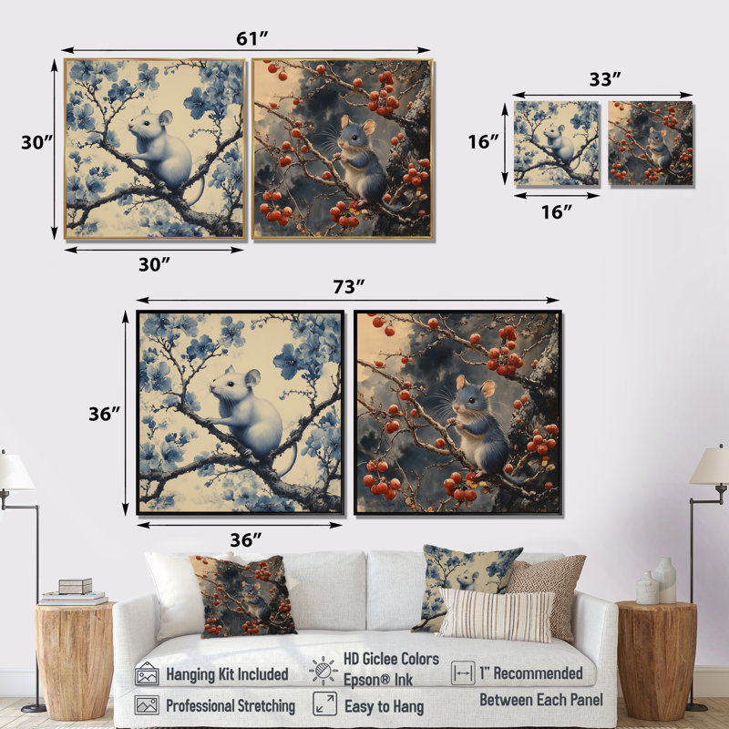 «Chinoiserie Blue Mouse on Tree III» - art mural souris - ensemble de 2 décorations murales modernes, Toile tendue