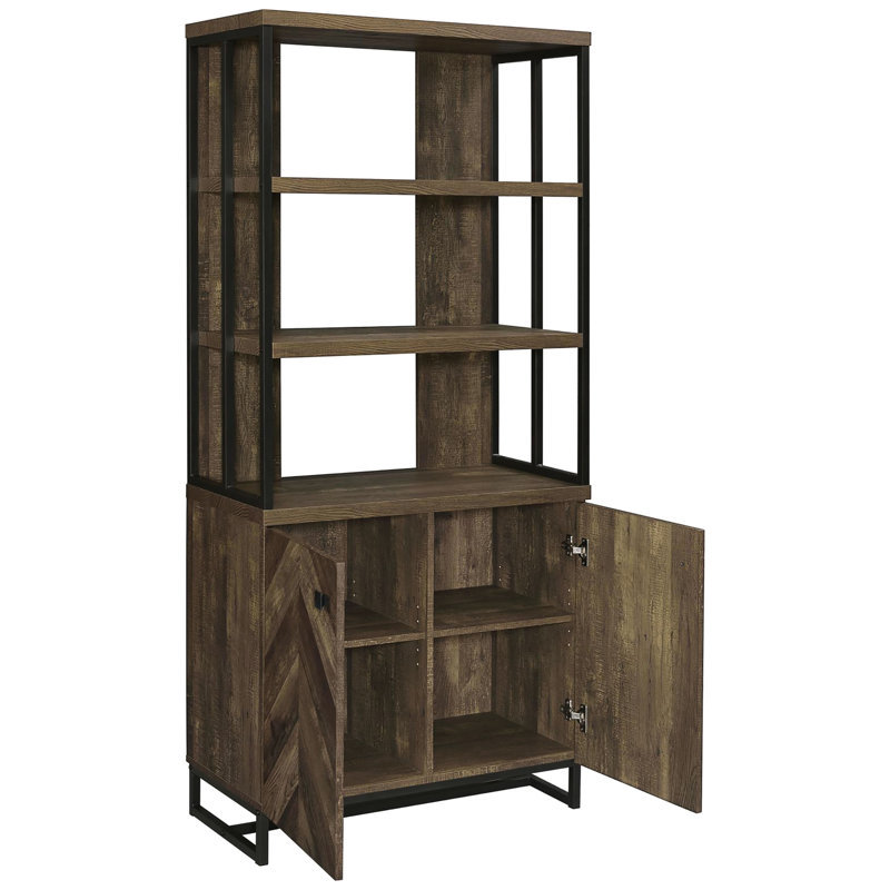 2-Door Rustic Oak Bookcase With Herringbone Detail, 3 Open Shelves And 2 Adjustable Inner Texture,