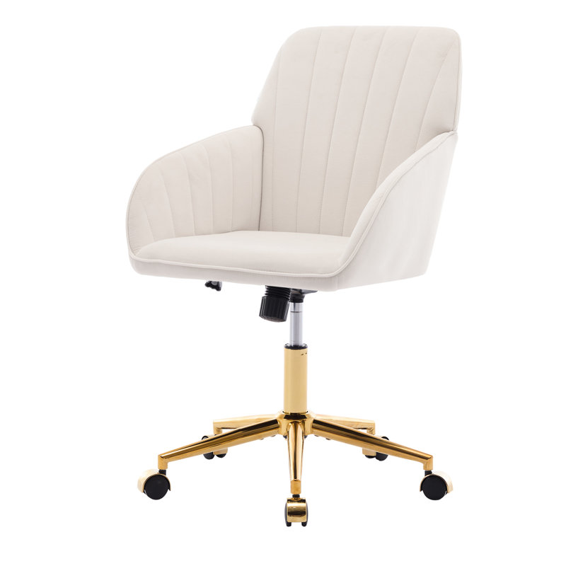 Fauteuil pivotant Ty - velours beige, coussin en mousse à mémoire de forme, base dorée élégante, pour bureau de chambre à coucher avec rembourrage doux, base ergonomique, pivotante, réglable et stable