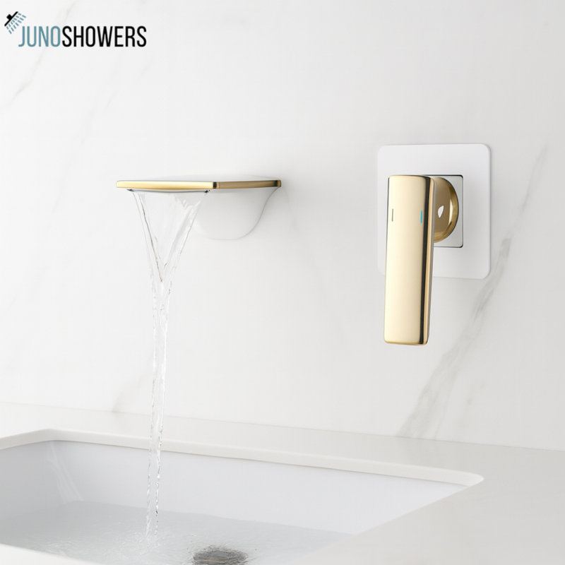 Robinet mural Juno Waterfall - Commandes d'eau chaude et froide en blanc et or