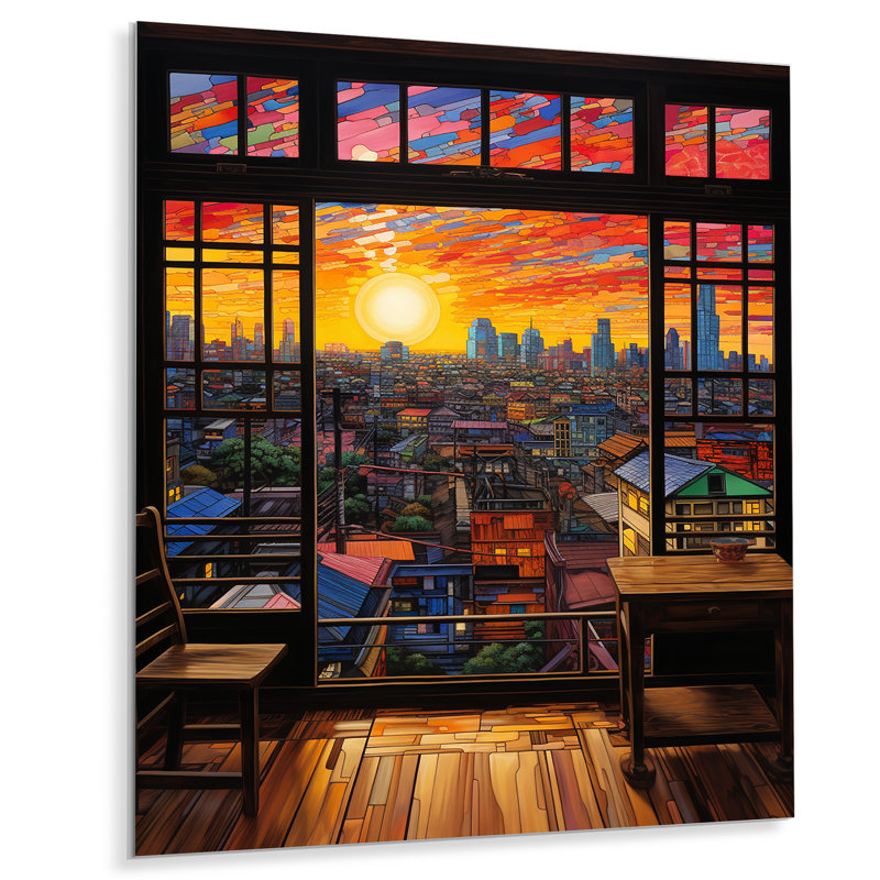 Coucher de soleil à la fenêtre de Tokyo vue de la fenêtre I - Japon, art mural en métal, H 20 po x l 12 po x P 1 po