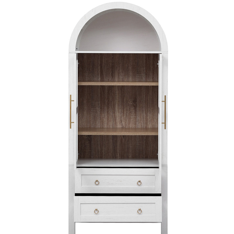 K&K - Grand garde-manger arqué de 71 po avec 2 grands tiroirs, armoires de cuisine de style campagne moderne avec tablettes réglables, porte vitrée, armoire en bois polyvalente pour la cuisine, salle à manger, blanc